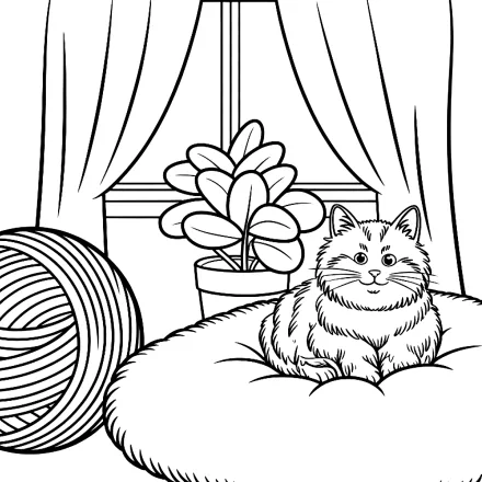 Kleurplaat Poes met een bol wol